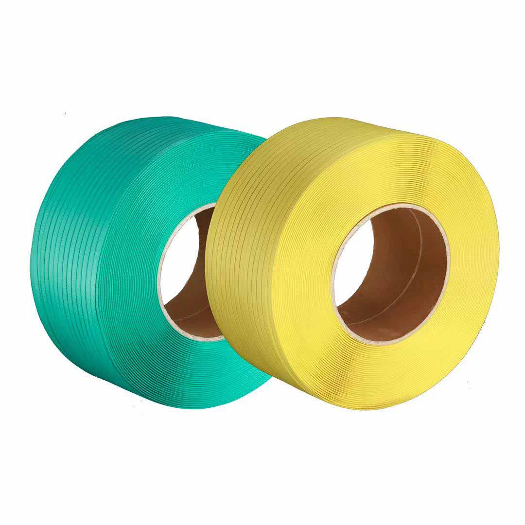 Custom polypropylene (PP) strapping in a branded or custom color setting (e.g., blue, red, green).